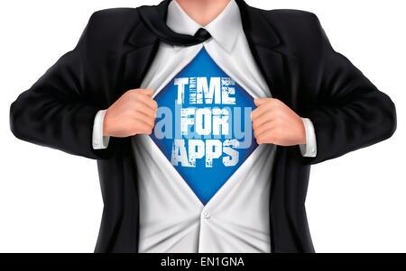 Geschäftsmann, Zeit für apps Worte unter sein Hemd über weißem Hintergrund zeigt Stock Vektor
