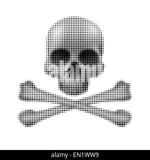 Totenkopf Halbton auf weißem Hintergrund. Stilisierte Schädel und Knochen von schwarzen Punkten auf weißem Hintergrund Stockfoto