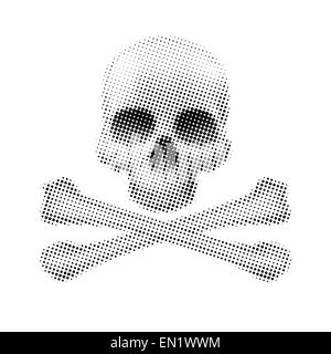 Totenkopf Halbton auf weißem Hintergrund. Stilisierte Schädel und Knochen von schwarzen Punkten auf weißem Hintergrund Stockfoto