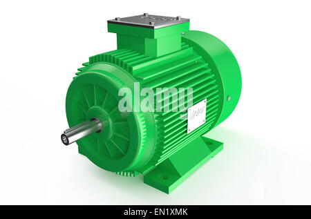 Industrielle grüne Elektromotor isoliert auf weißem Hintergrund Stockfoto