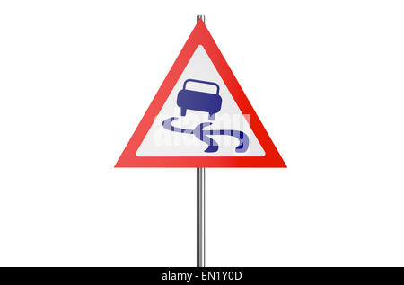 rutschige Verkehrszeichen isolierten auf weißen Hintergrund Stockfoto