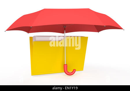 Ordner, die fallenden roten Regenschirm isoliert auf weißem Hintergrund Stockfoto