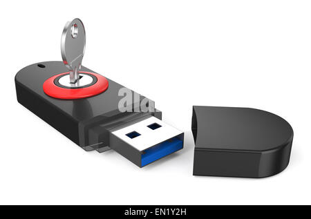 Schwarz USB-Flashdrive ss 3.0 mit Schlüssel isoliert auf weißem Hintergrund Stockfoto