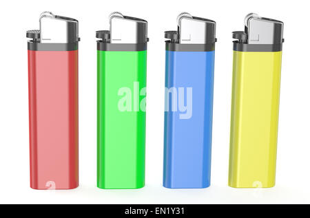 vier farbige Kunststoff-Feuerzeuge isoliert auf weißem Hintergrund Stockfoto