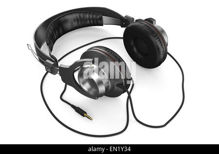 schwarze Kopfhörer isoliert auf weißem Hintergrund Stockfoto