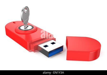 rot USB-Flashdrive ss 3.0 mit Schlüssel isoliert auf weißem Hintergrund Stockfoto
