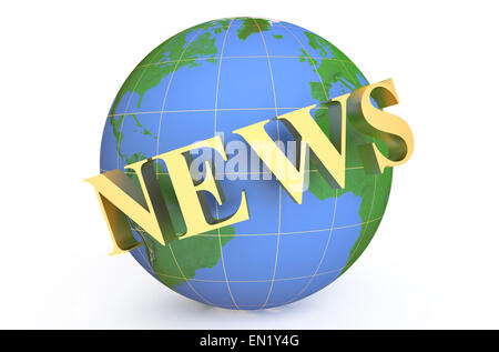 Goldene News rund um Erde isoliert auf weißem Hintergrund Stockfoto
