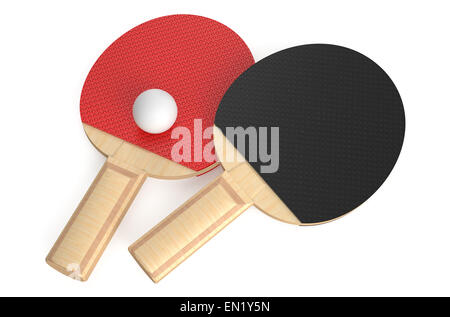 Ping-Pong-Schläger und Ball isoliert auf weißem Hintergrund Stockfoto