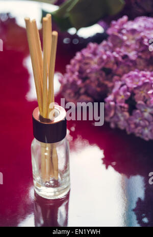 Aroma-Diffusor mit Bambusstöcke montiert und Zweige der Flieder auf rot. Stockfoto