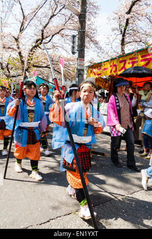 Ein Team von Kindern, Mädchen, die als Shimobe-Soldaten der Heian-Ära verkleidet in der Frühlingsparade unter Kirschblüten in Tada, Japan marschieren. Stockfoto