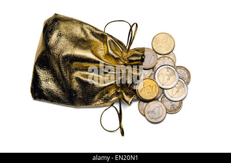 Isolierte Golden Geld Tasche voll von Euro-Münzen Stockfoto