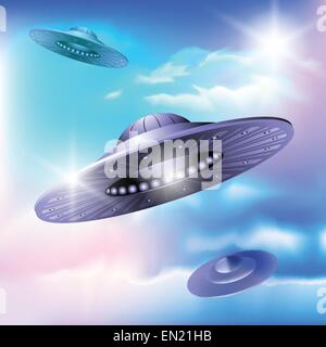 UFO am Himmel fliegt. Alien-Invasion. Vektor-illustration Stock Vektor