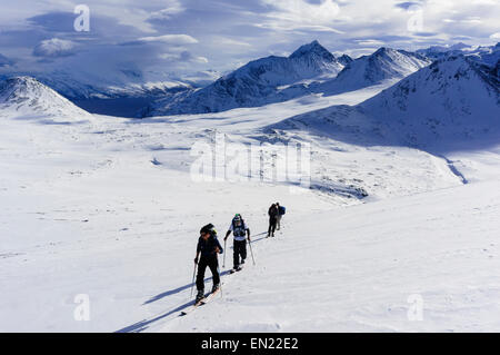 Skifahrer Skitouren auf der Route auf Russelvfjellet Berg, Lyngen Alpen (Lyngsalpene) Troms Grafschaft, Norwegen. Stockfoto