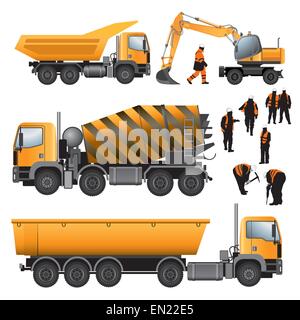 Baumaschinen und Arbeiter. Betonmischer, Bagger und Lastwagen. Vektor-Illustration. Stock Vektor