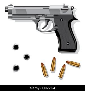 Handpistole isoliert auf weißem Hintergrund mit Kugeln und Einschusslöcher. Vektor-illustration Stock Vektor