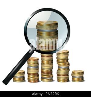 Geld und Lupe zeigt finanzielle Erfolge. Vektor-illustration Stock Vektor