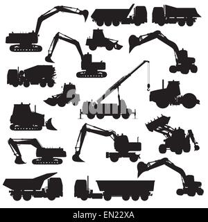 Silhouetten von Baumaschinen. Bulldozer, Bagger, Walze, LKW, Radlader, Traktor. Vektor-illustration Stock Vektor