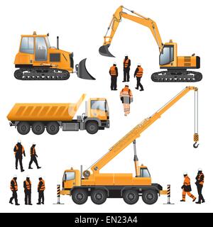 Baumaschinen und Arbeiter. Bulldozer, Bagger, Kran und LKW. Vektor-Illustration. Stock Vektor