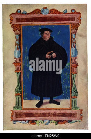 Dieses Öl-Porträt von Martin Luther (1483-1546), der deutschen Führer der protestantischen Reformation, gemalt wurde vom deutschen Künstler Lucas Cranach die ältere (1472-1553). Stockfoto