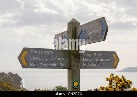 Wales Coast Path Wegweiser und Maultierweg Zeichen auf Gower Halbinsel Penmaen Swansea West Glamorgan South Wales UK Großbritannien Stockfoto