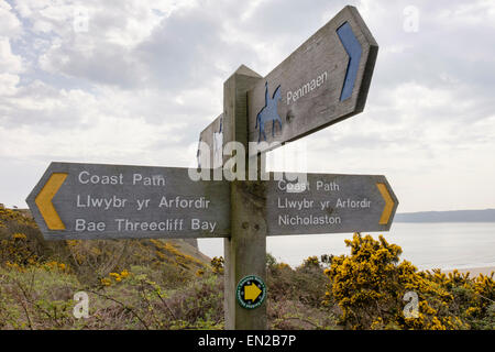 Wales Coast Path Wegweiser und Maultierweg Zeichen auf Gower Halbinsel Penmaen Swansea West Glamorgan South Wales UK Großbritannien Stockfoto