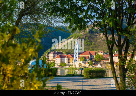 Ausblick auf eine alte Stadt in Österreich, umrahmt von Bäumen Stockfoto