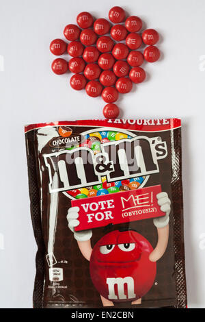 Tasche zur Abstimmung für Ihre Lieblings Schokolade M & Ms Süßigkeiten eröffnet und in roten Herz auf weißem Hintergrund angeordnet Stockfoto