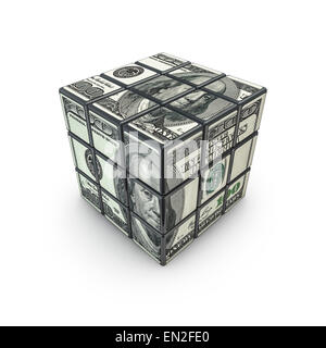 3D Render Puzzle Cube mit hundert-Dollar-Schein Stockfoto