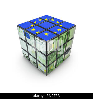 3D-Render Puzzle Cube mit hundert-Euro-Schein und EU-Flagge Stockfoto