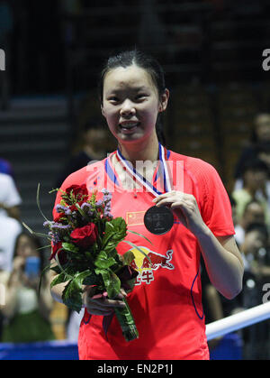 Dong Feng Citroen Badminton Asia Championships 2015 in Wuhan, China am 26. April 2015. Li Xuerui Chinas, zweiter Preisträger im Dameneinzel. Stockfoto