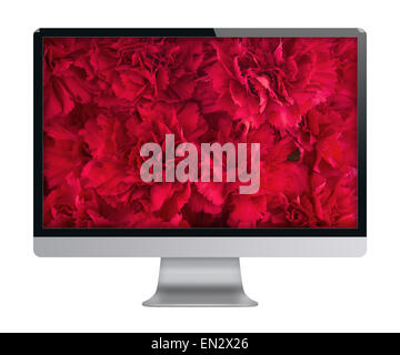 Computer mit Blumenstrauß rote Nelke auf dem Bildschirm angezeigt. Ansicht von vorne. Isoliert auf weißem Hintergrund. Hochdetaillierte illu Stockfoto