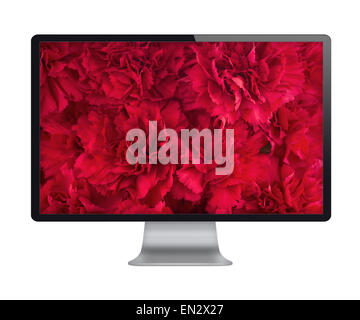 Computer mit Blumenstrauß rote Nelke auf dem Bildschirm angezeigt. Ansicht von vorne. Isoliert auf weißem Hintergrund. Hochdetaillierte illu Stockfoto