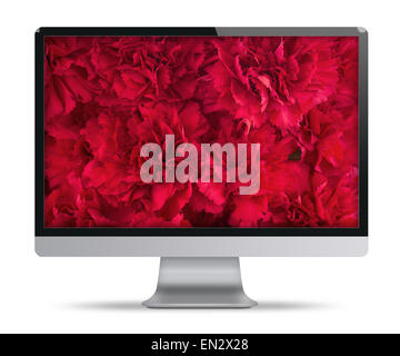 Computer mit Blumenstrauß rote Nelke auf dem Bildschirm angezeigt. Ansicht von vorne. Isoliert auf weißem Hintergrund. Hochdetaillierte illu Stockfoto