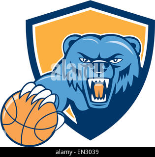 Abbildung von einem Grizzlybär Kopf wütend Knurren Holding Basketball angesehen von vorne innen Schild Wappen auf isolierte Hintergrund getan im Cartoon-Stil festgelegt. Stockfoto