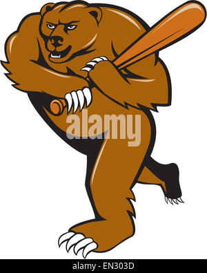 Abbildung von einem Grizzlybär Baseball Spieler stehend Betrieb bat zucken im inneren Kreis auf isolierte Hintergrund getan im Cartoon-Stil von vordere Reihe betrachtet. Stockfoto