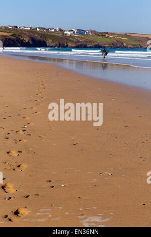 Fußabdrücke auf Virgin Crantock beach North Cornwall England UK in der Nähe von Newquay für früh am Morgen in Richtung Bowgie Inn Surfen Stockfoto