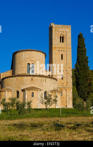 Abtei von Sant'Antimo in die toskanische Landschaft, Montalcino, Castelnuovo dell'Abate, Provinz Siena, Toskana, Italien Stockfoto