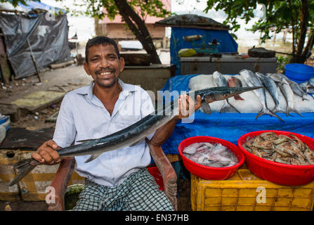 Fischverkäufer hält ein Süßwasser Hornhecht (Xenentodon Cancila), Fort Kochi, Kerala, Indien Stockfoto