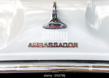 Emblem auf einem weißen Botschafter, Fort Cochin, Kochi, Kerala, Indien Stockfoto