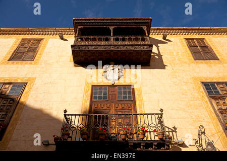 Holzbalkon in der Altstadt, La Orotava, Teneriffa, Kanarische Inseln, Spanien Stockfoto