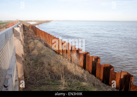 Stahl-Spundwände konstruiert als eine schnelle Erosion Küstenschutz Nordseeküste, Osten Lane, Bawdsey, Suffolk, England, UK Stockfoto