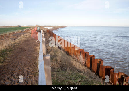 Stahl-Spundwände konstruiert als eine schnelle Erosion Küstenschutz Nordseeküste, Osten Lane, Bawdsey, Suffolk, England, UK Stockfoto