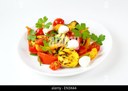 Gegrilltes Gemüse mit Mozzarella-Käse. Cherry-Tomaten, Paprika, Auberginen, Zucchini mit frischen Kräutern serviert. Stockfoto