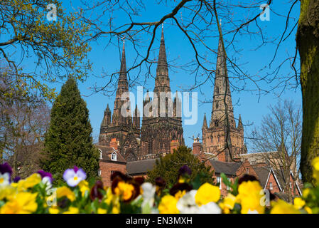 Die drei Türme der Kathedrale von Lichfield gesehen aus dem Garden of Remembrance in Frühling, Lichfield, Staffordshire, England. Stockfoto