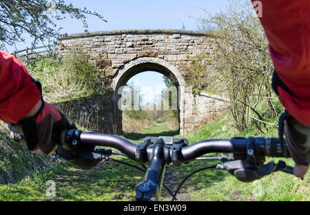 Mountainbiker auf den Tees Eisenbahn Spaziergang zwischen Cotherstone und Rolmaldkirk Teesdale County Durham UK Stockfoto