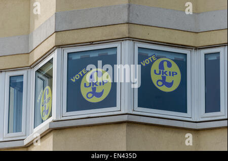 Eastbourne, Vereinigtes Königreich. 25. April 2015. Zeichen unterstützt die United Kingdom Independence Party (UKIP), vor den bevorstehenden Parlamentswahlen in den Fenstern einer Wohnung direkt am Meer in Eastbourne an Englands Südküste gesehen. © Stephen Chung / Alamy Live News Stockfoto