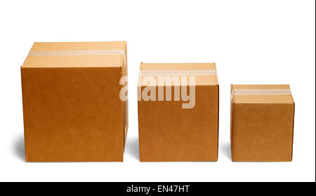 Drei Felder in einer Reihe von großen zu kleinen isoliert auf weißem Hintergrund. Stockfoto