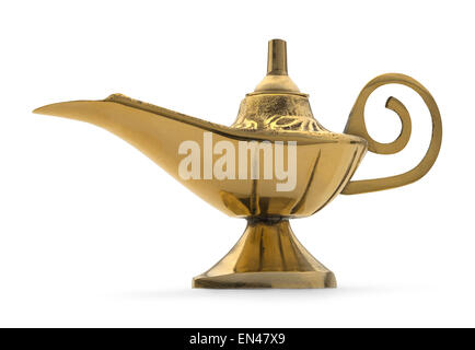 Gold Metall Genie Lampe isoliert auf einem weißen Hintergrund. Stockfoto