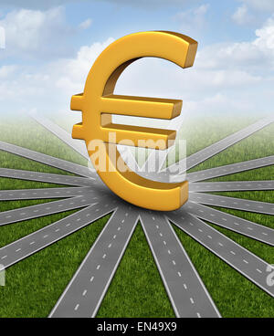 Euro Richtung Währung Konzept und Finanzprognose Symbol als europäisches Geld-Symbol in der Mitte des radialen konvergierende Wege Stockfoto