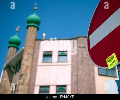 Anti-Stimmrecht Sticker rund um Moscheen in Leicester angezeigt. Stockfoto